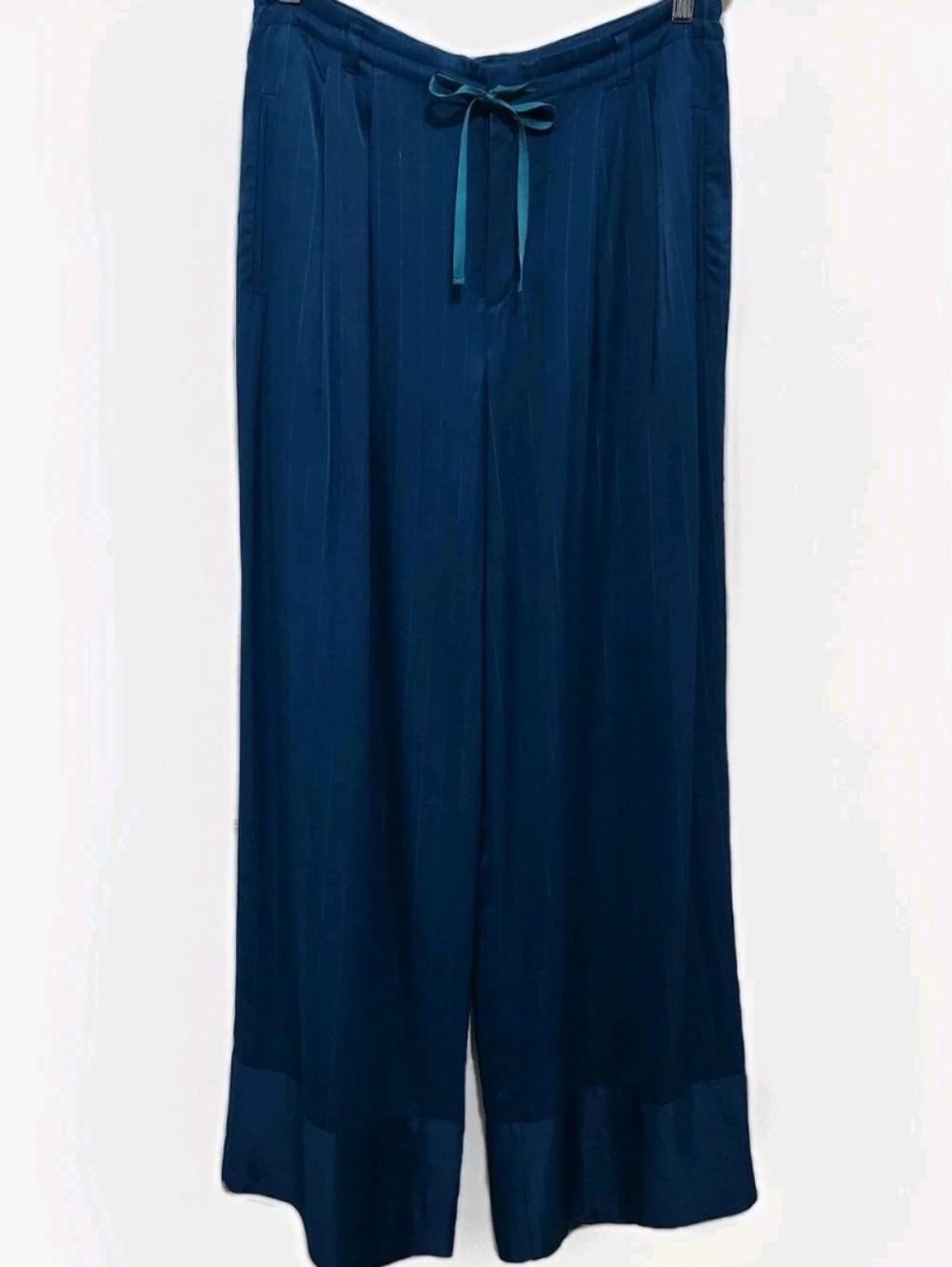 Elevenses Women's 10 Viscose Satin Wide Leg Drawstring Pants Teal Pinstripe Flaw